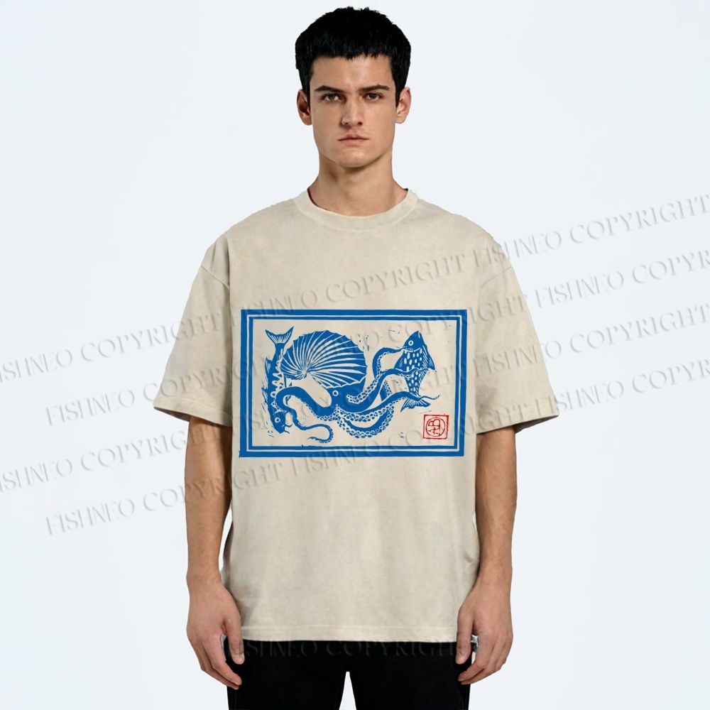 Unisex Vintage Octopus Printed Washed Tee