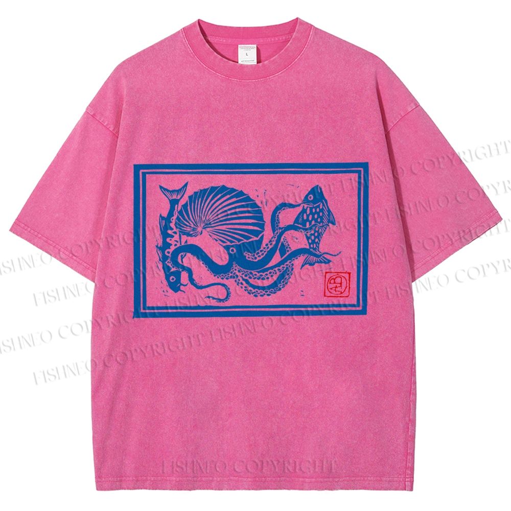 Unisex Vintage Octopus Printed Washed Tee