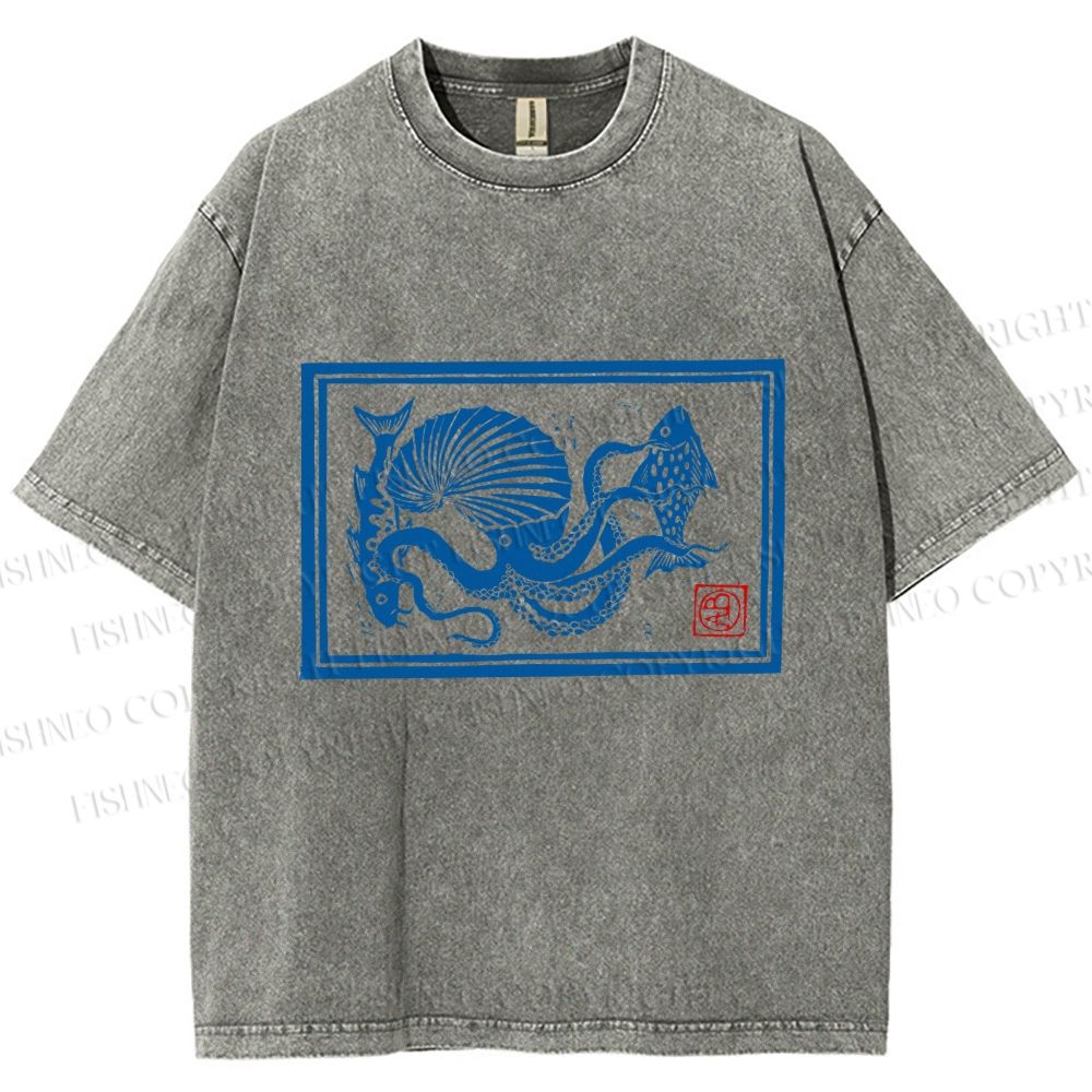 Unisex Vintage Octopus Printed Washed Tee