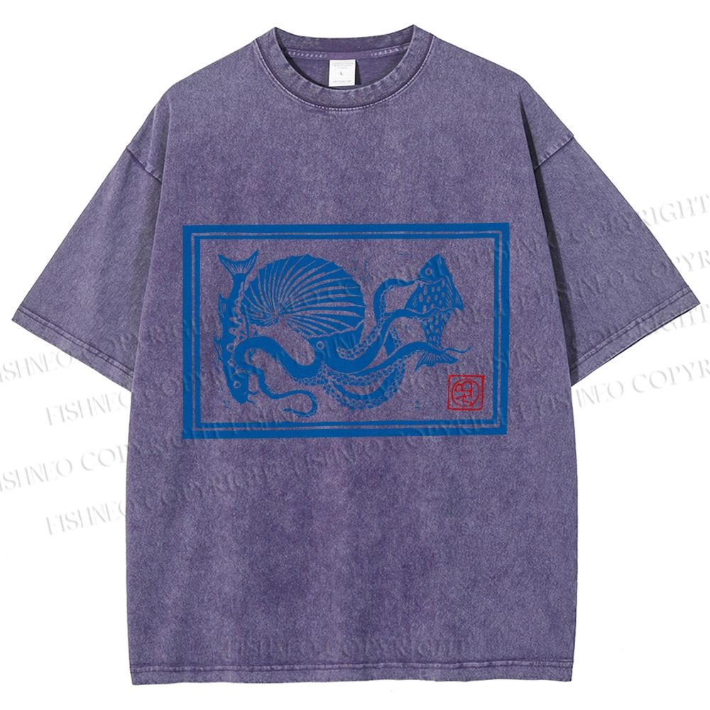 Unisex Vintage Octopus Printed Washed Tee