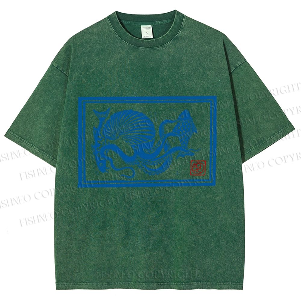 Unisex Vintage Octopus Printed Washed Tee