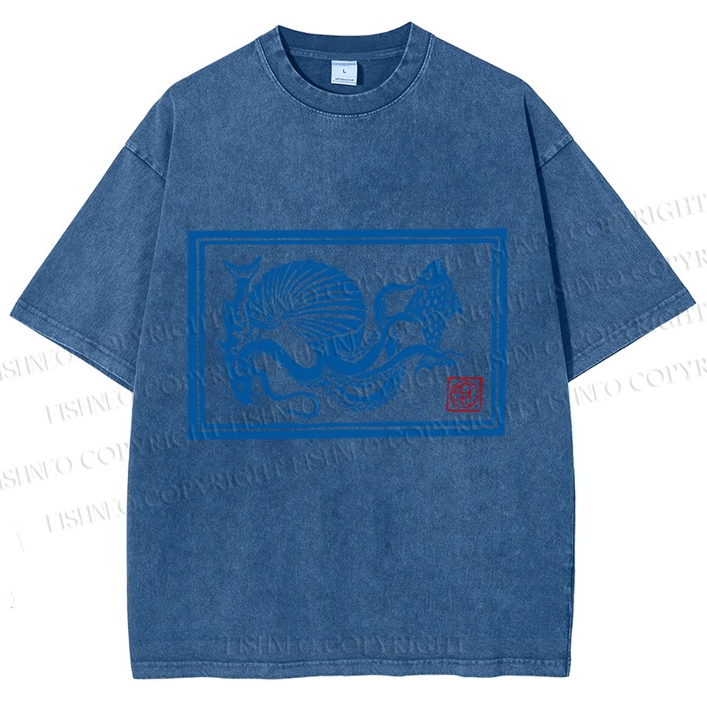 Unisex Vintage Octopus Printed Washed Tee