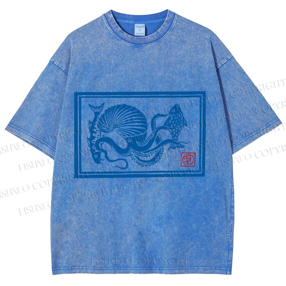 Unisex Vintage Octopus Printed Washed Tee