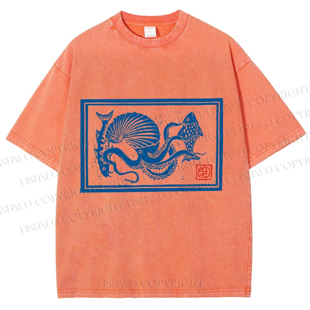 Unisex Vintage Octopus Printed Washed Tee