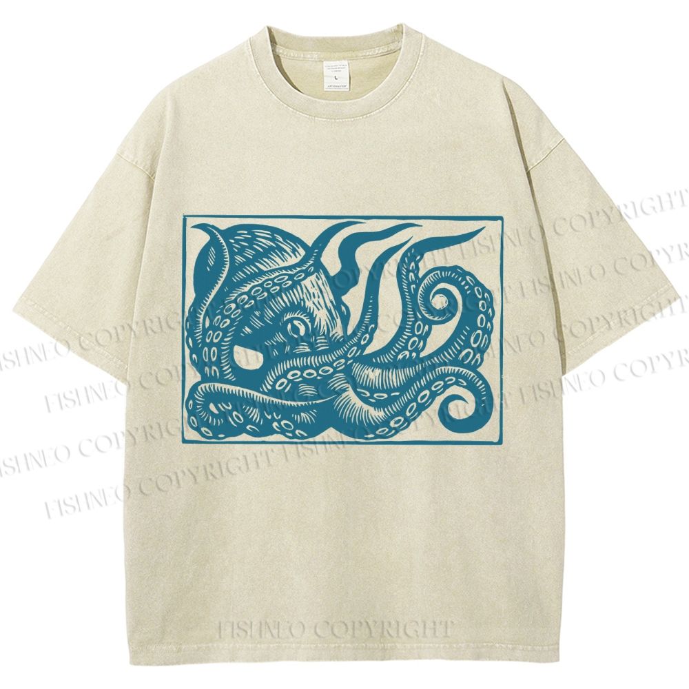 Unisex Vintage Octopus Printed Washed Tee