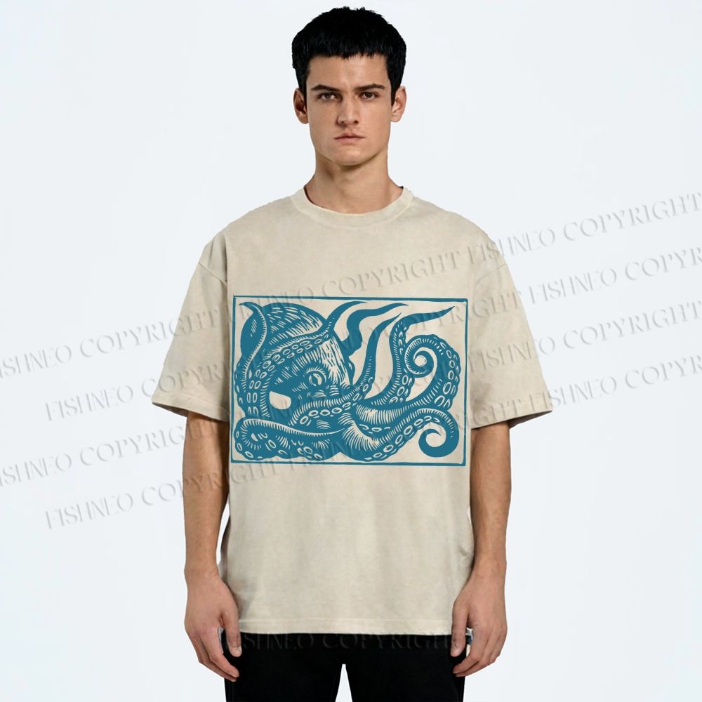 Unisex Vintage Octopus Printed Washed Tee