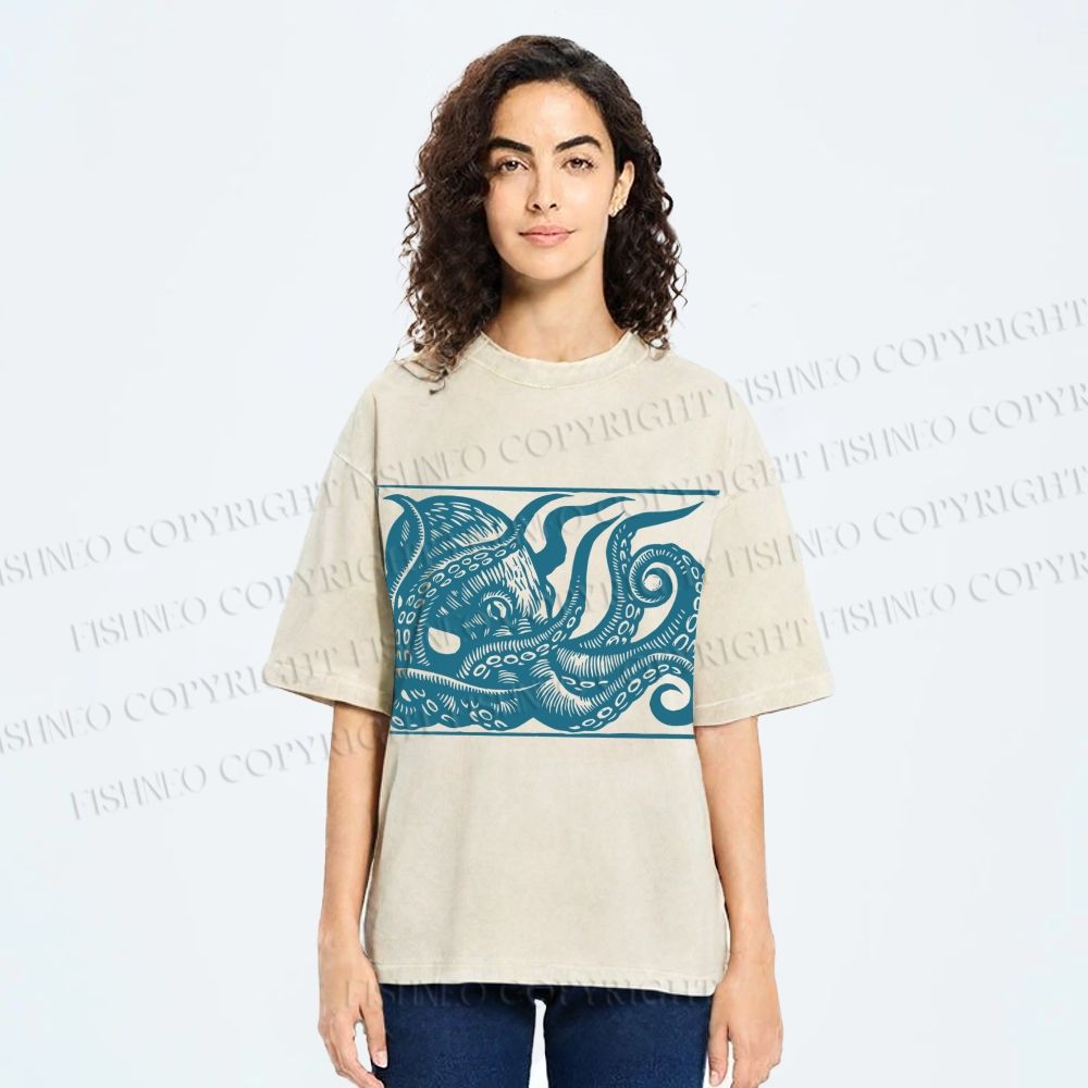 Unisex Vintage Octopus Printed Washed Tee