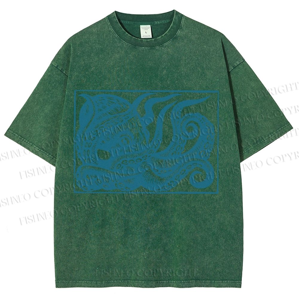 Unisex Vintage Octopus Printed Washed Tee
