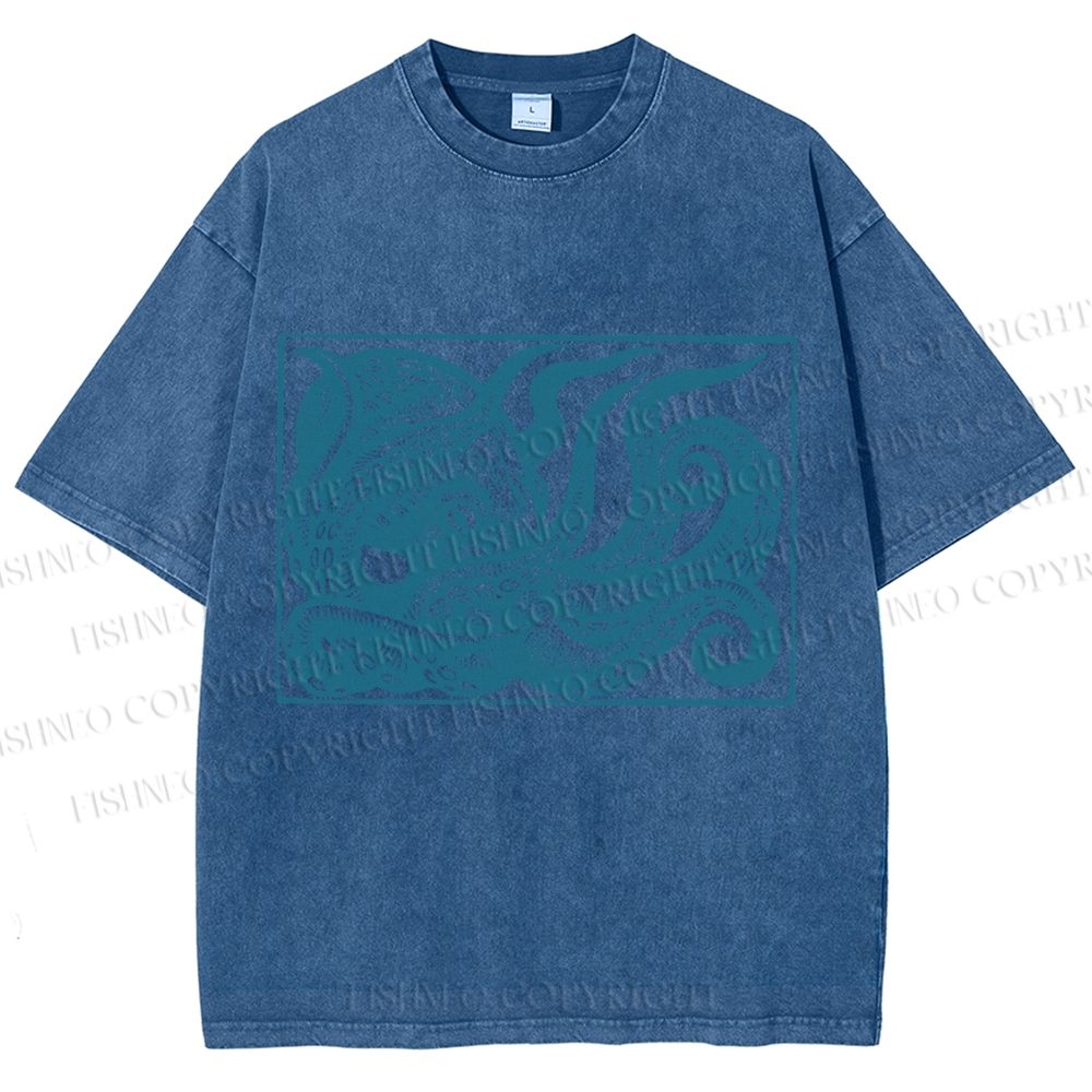 Unisex Vintage Octopus Printed Washed Tee