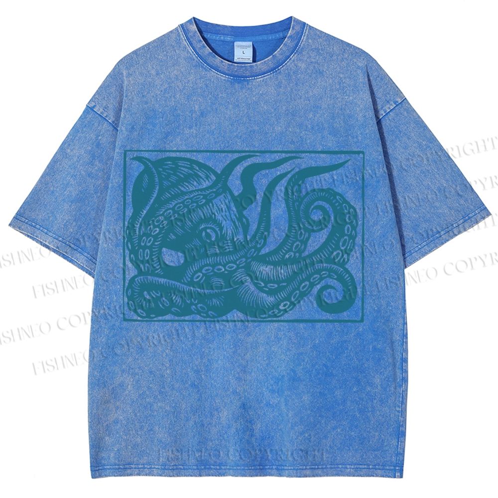 Unisex Vintage Octopus Printed Washed Tee