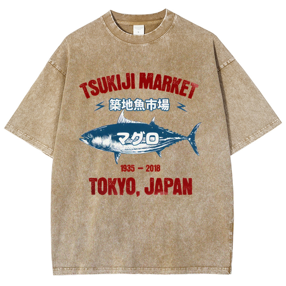 Tsukiji Market Tuna Fish Tokyo Japan Vintage Wash Japanese Design T-Shirt