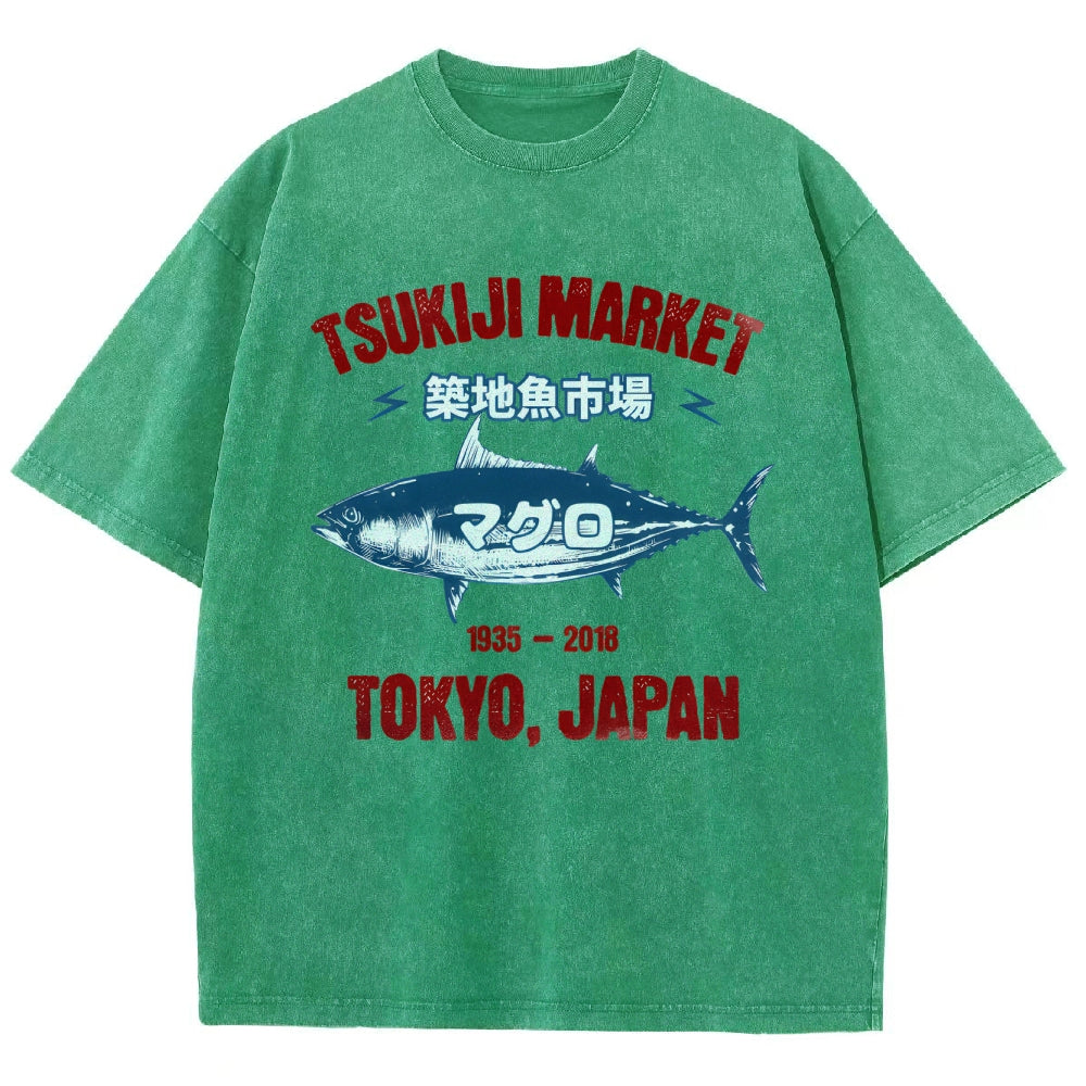 Tsukiji Market Tuna Fish Tokyo Japan Vintage Wash Japanese Design T-Shirt