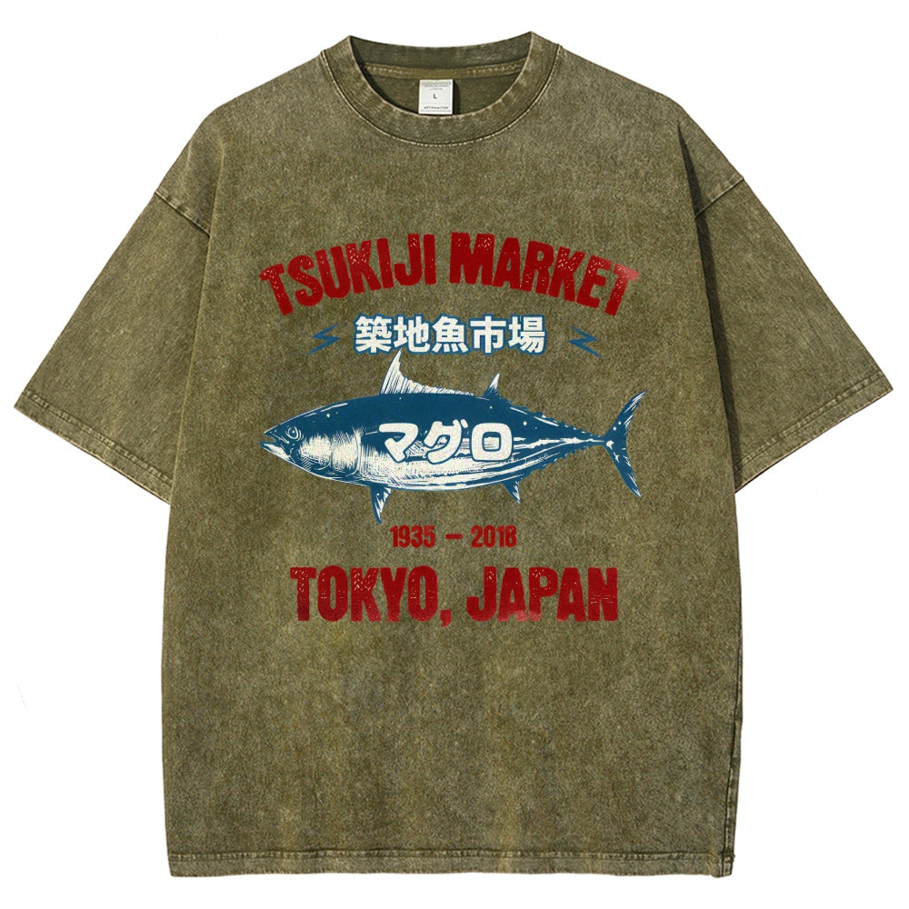 Tsukiji Market Tuna Fish Tokyo Japan Vintage Wash Japanese Design T-Shirt