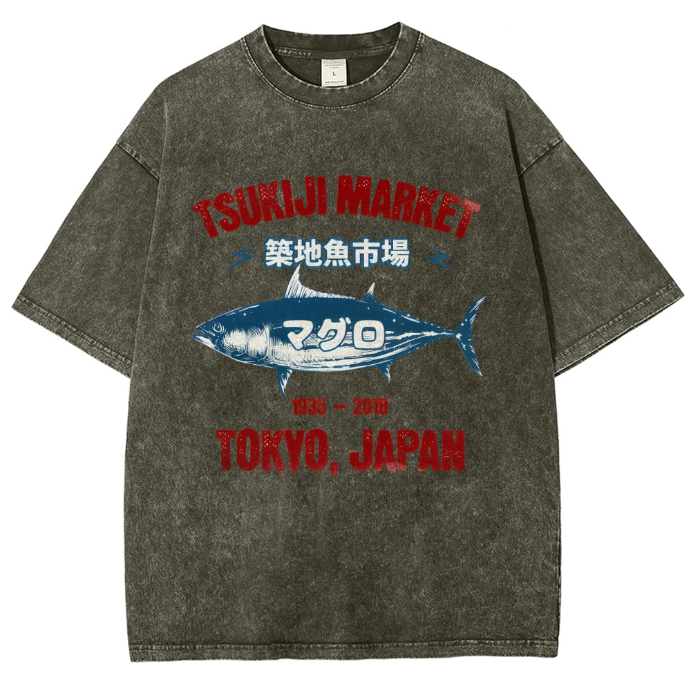 Tsukiji Market Tuna Fish Tokyo Japan Vintage Wash Japanese Design T-Shirt