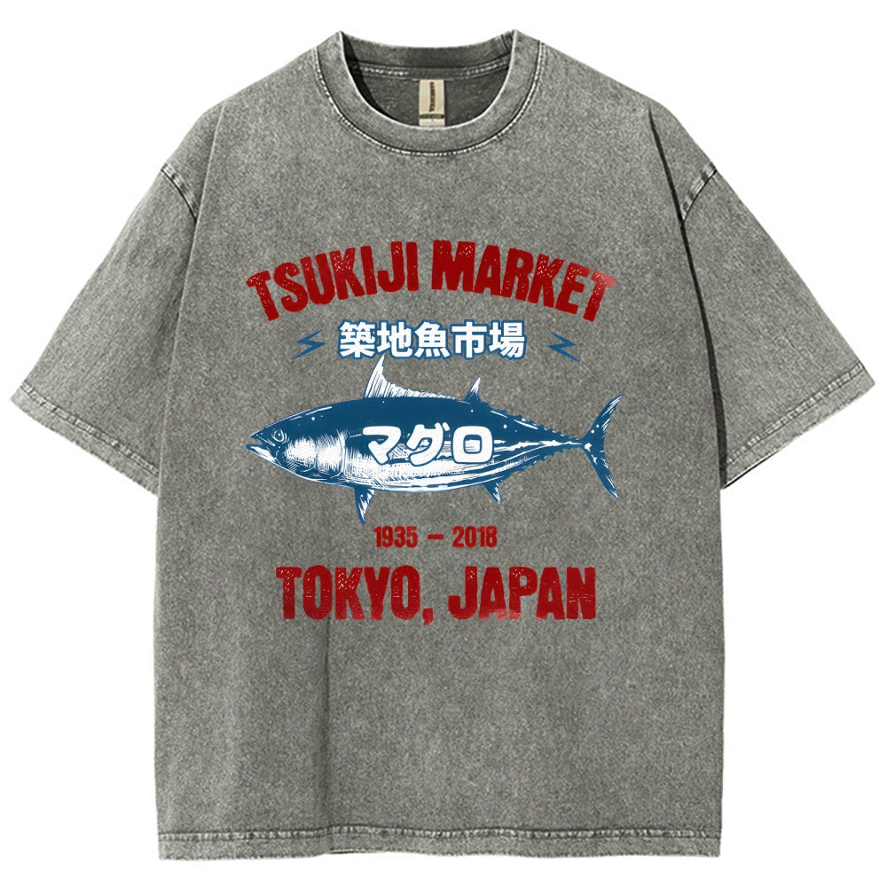 Tsukiji Market Tuna Fish Tokyo Japan Vintage Wash Japanese Design T-Shirt