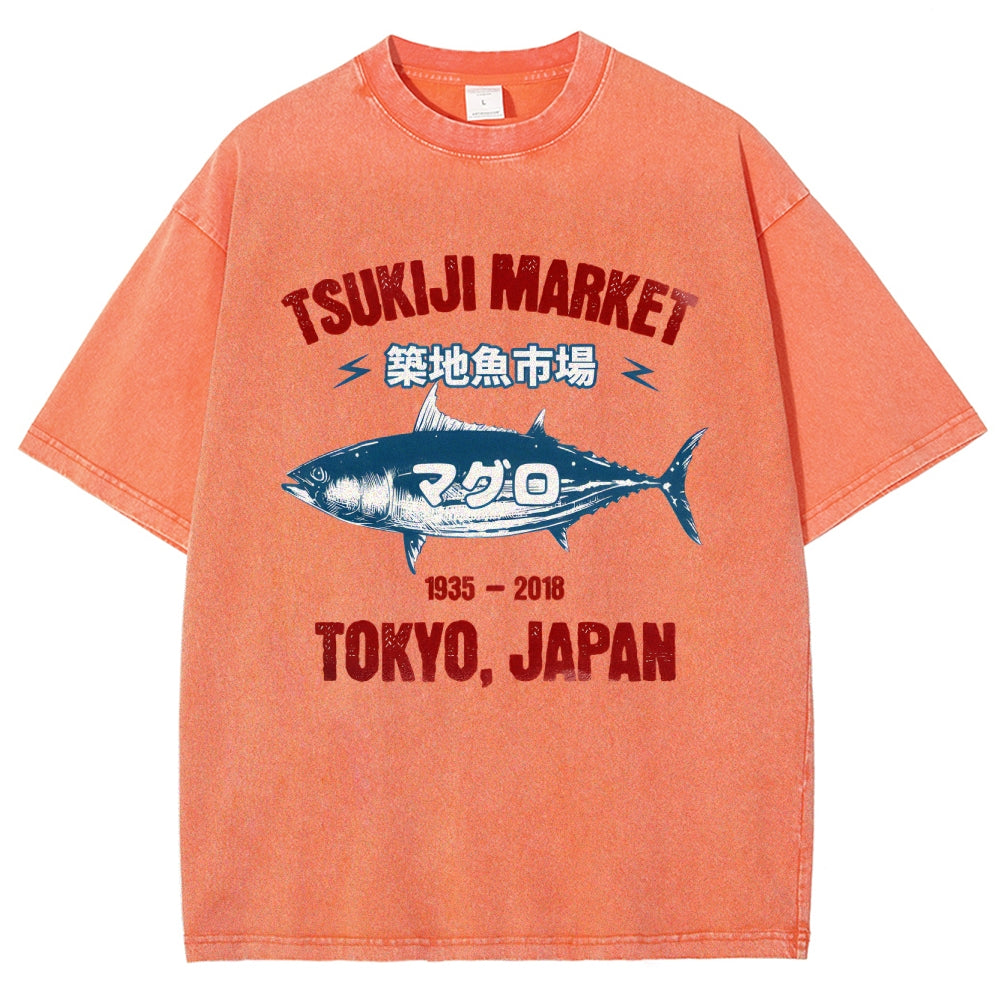 Tsukiji Market Tuna Fish Tokyo Japan Vintage Wash Japanese Design T-Shirt