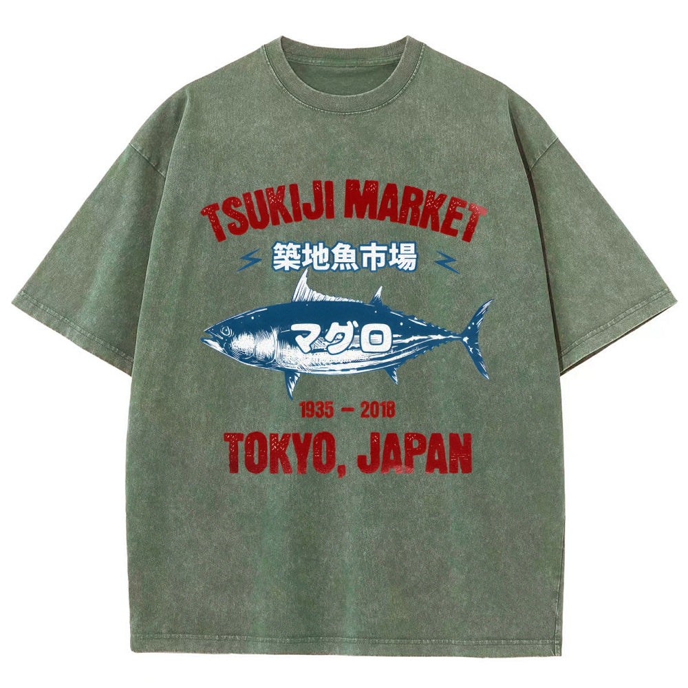 Tsukiji Market Tuna Fish Tokyo Japan Vintage Wash Japanese Design T-Shirt
