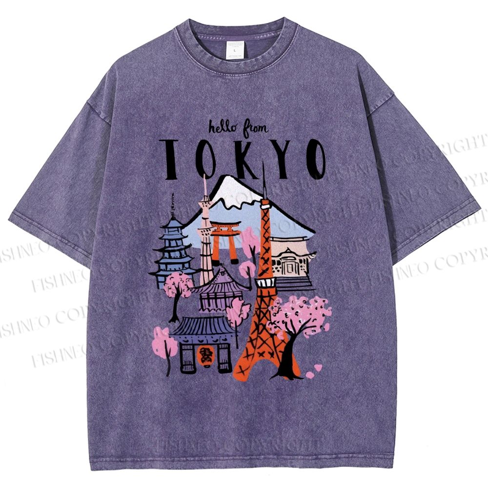 Unisex Mount Fuji Graffiti Japanese Tokyo Printed Washed Tee