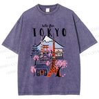 Unisex Mount Fuji Graffiti Japanese Tokyo Printed Washed Tee