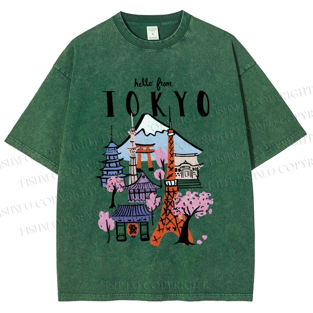 Unisex Mount Fuji Graffiti Japanese Tokyo Printed Washed Tee