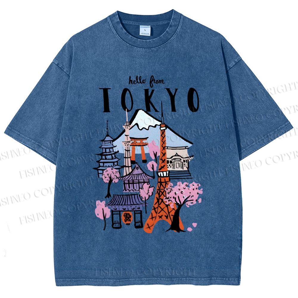 Unisex Mount Fuji Graffiti Japanese Tokyo Printed Washed Tee