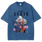 Unisex Mount Fuji Graffiti Japanese Tokyo Printed Washed Tee