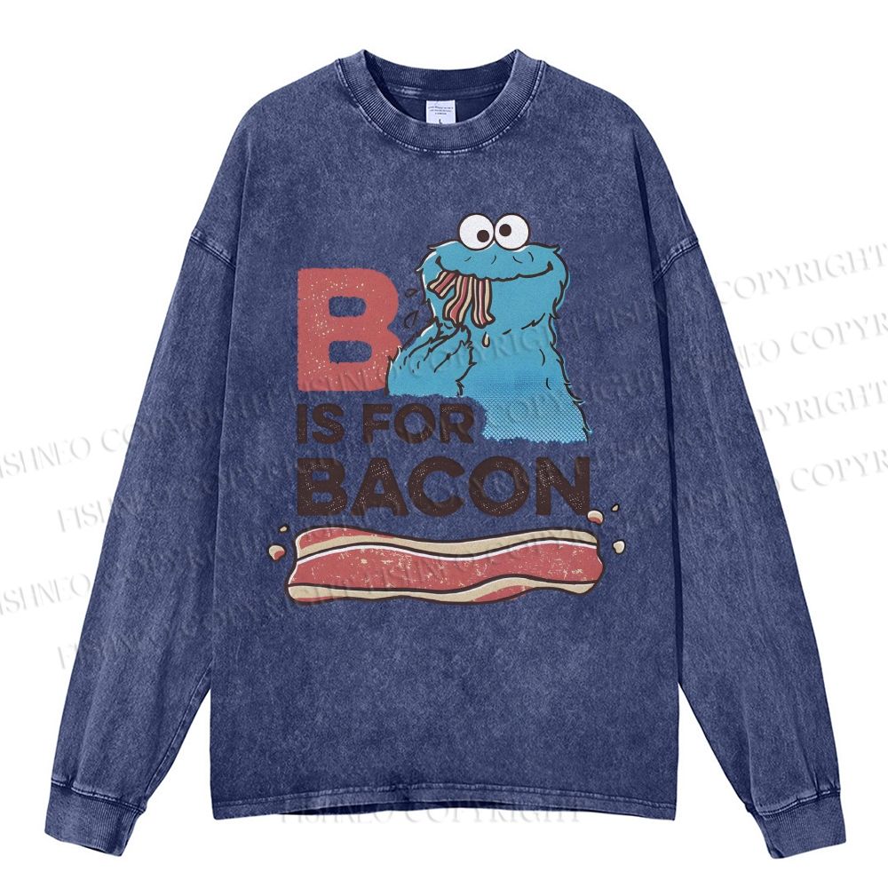 Unisex Casual Washed B Is For Bacon Cookie Monster Printed Long Sleeve T-shirt