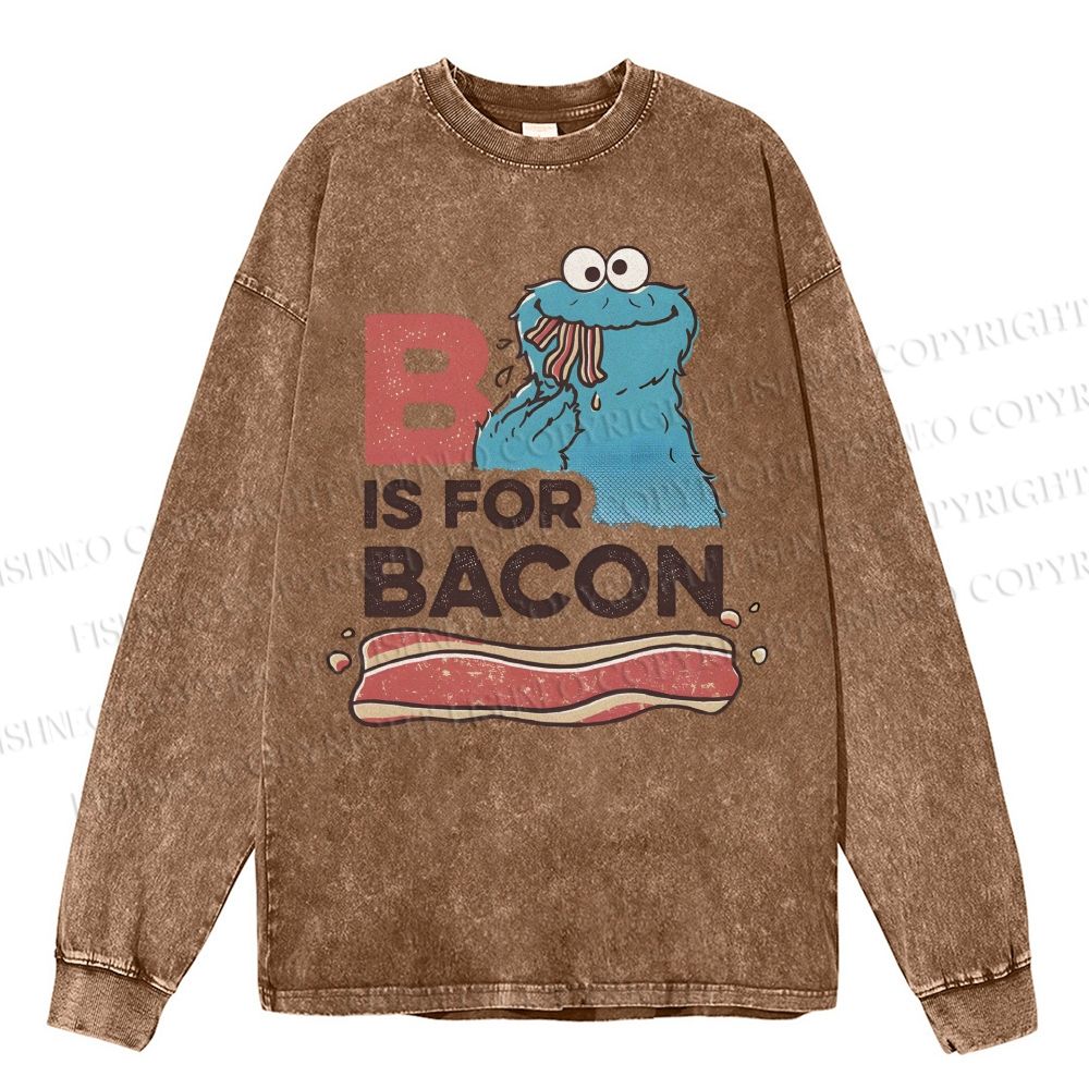 Unisex Casual Washed B Is For Bacon Cookie Monster Printed Long Sleeve T-shirt