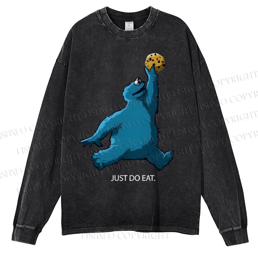 Unisex Casual Washed Just Do Eat Cookie Monster Printed Long Sleeve T-shirt