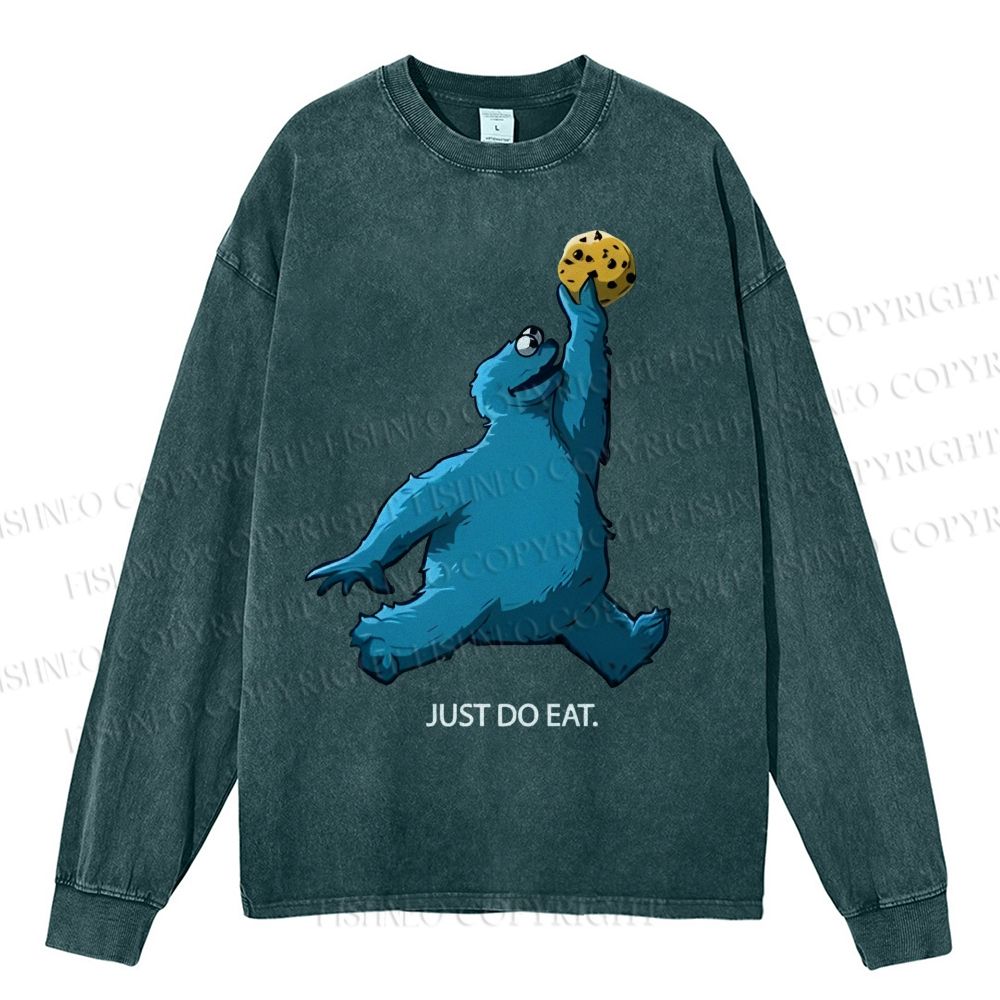 Unisex Casual Washed Just Do Eat Cookie Monster Printed Long Sleeve T-shirt