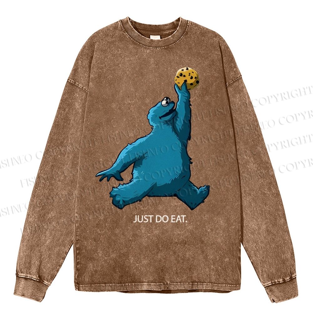 Unisex Casual Washed Just Do Eat Cookie Monster Printed Long Sleeve T-shirt