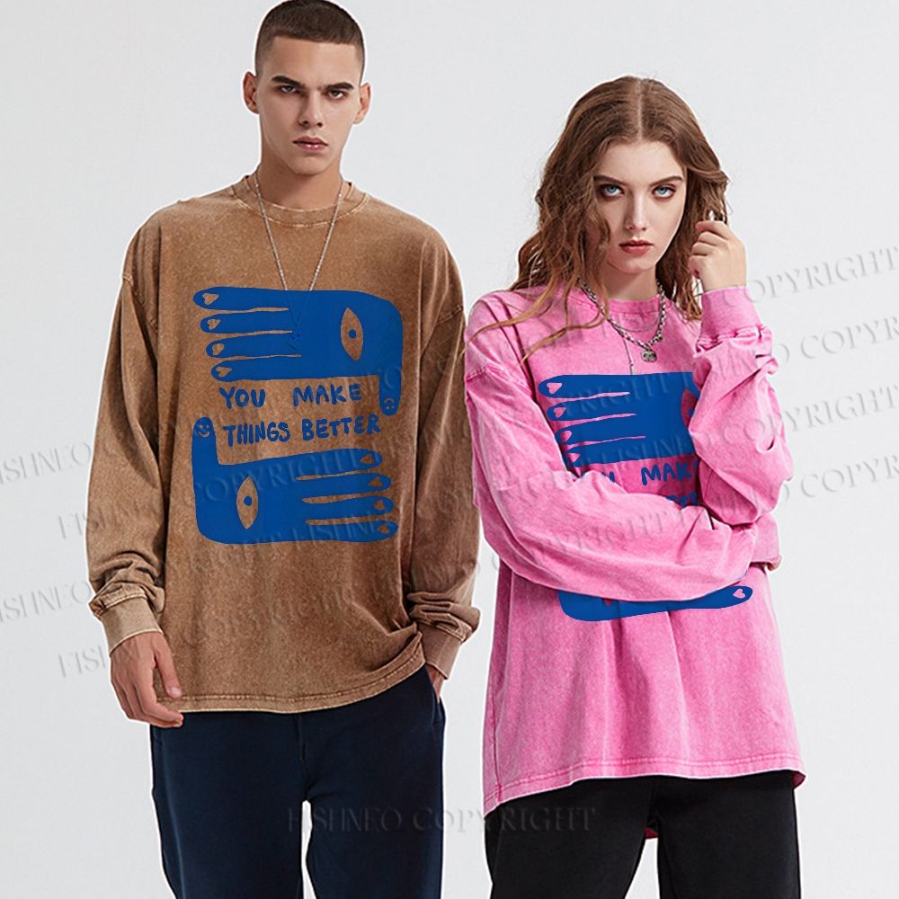 Unisex Casual Washed Artistic Palm Eyes Printed Long Sleeve T-shirt