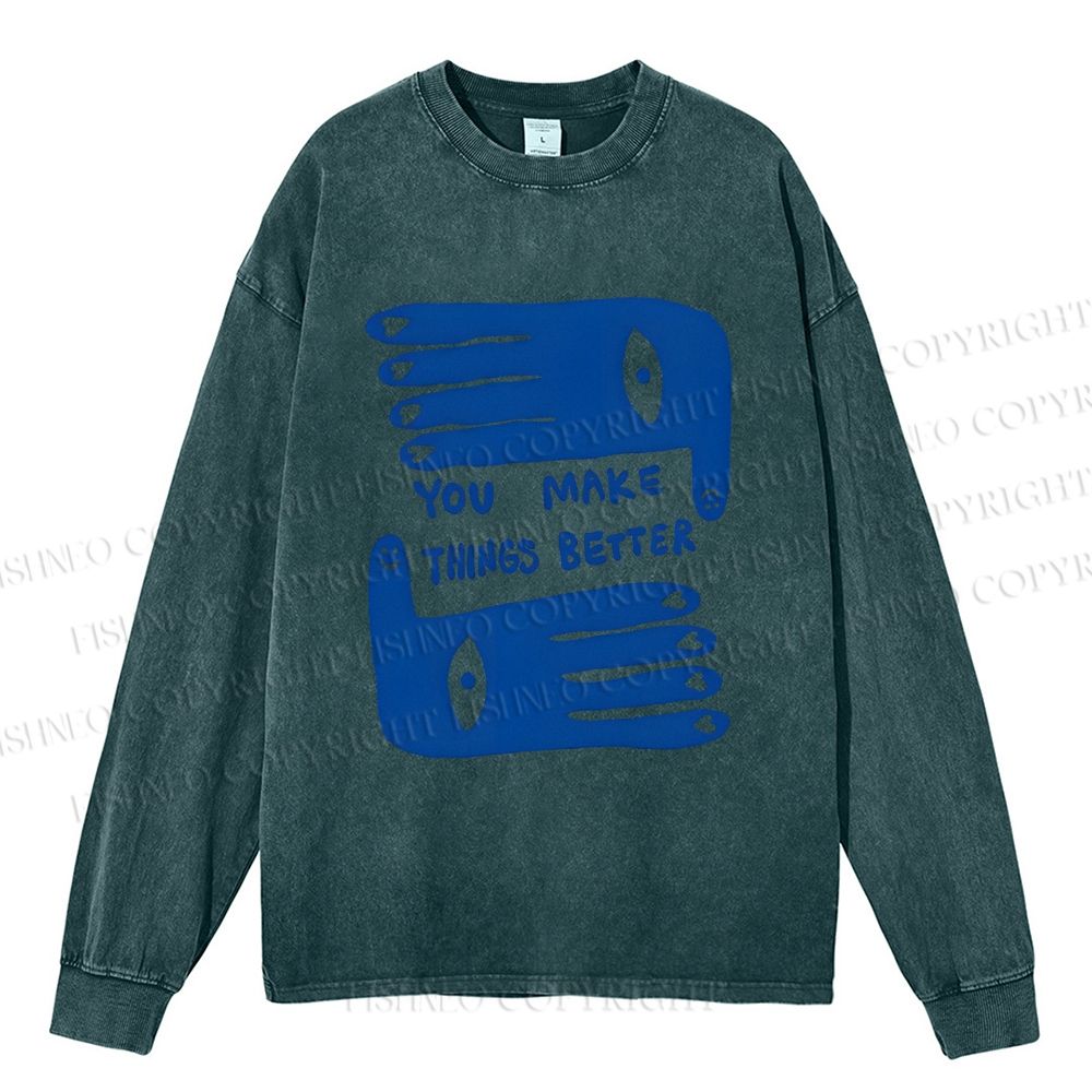 Unisex Casual Washed Artistic Palm Eyes Printed Long Sleeve T-shirt