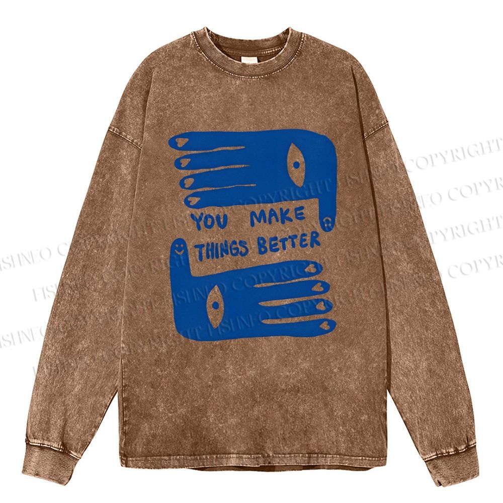 Unisex Casual Washed Artistic Palm Eyes Printed Long Sleeve T-shirt
