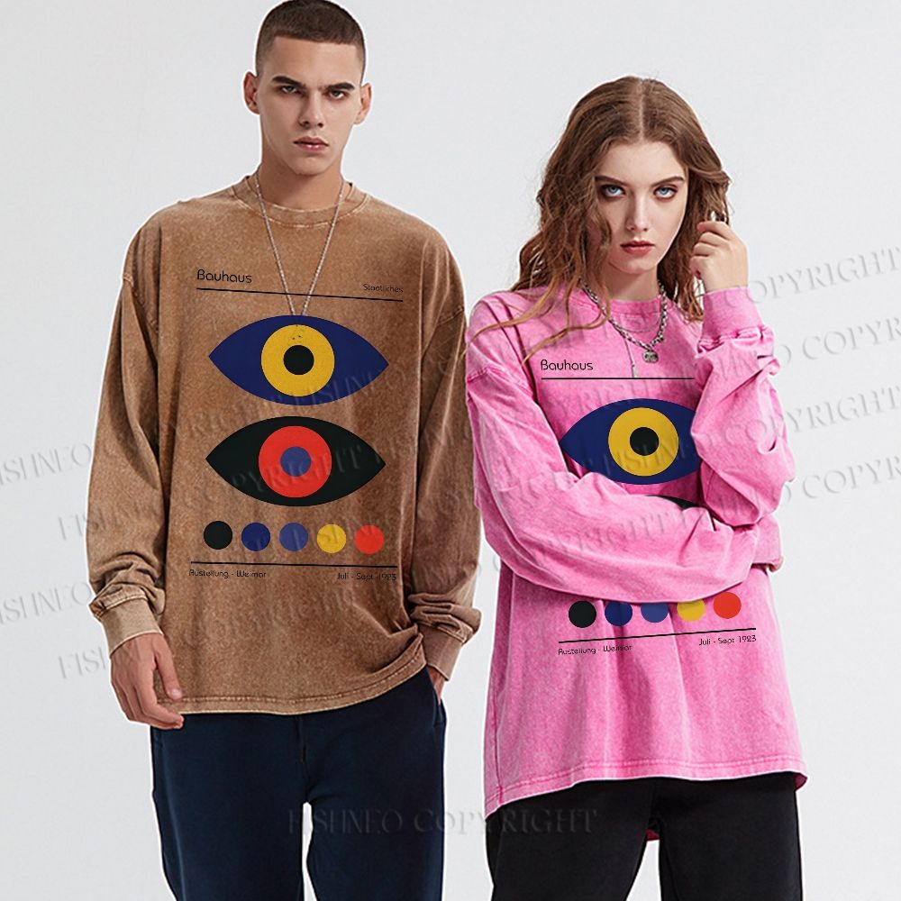 Unisex Casual Washed Bauhaus Colorful Art Eyes Printed Long Sleeve T-shirt