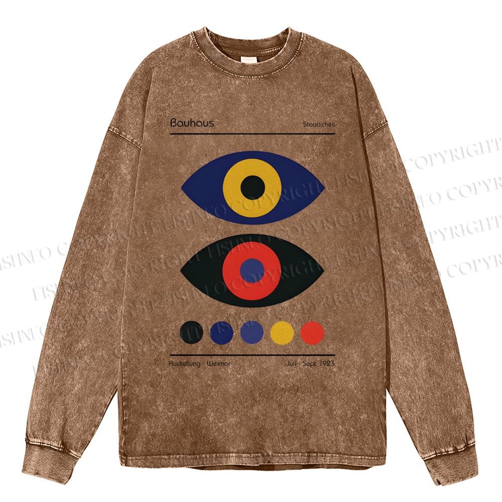 Unisex Casual Washed Bauhaus Colorful Art Eyes Printed Long Sleeve T-shirt
