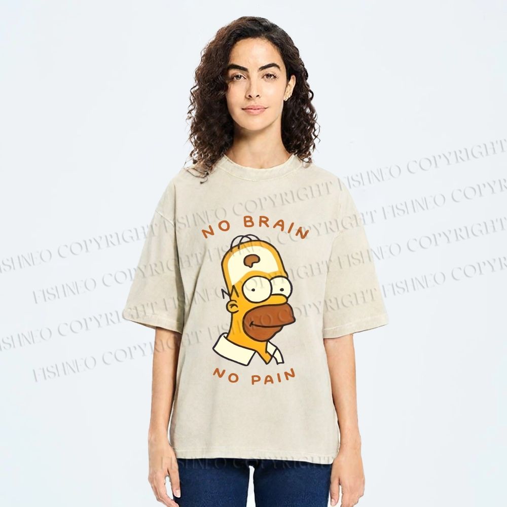 Unisex Silly Simpson No Brain No Pain Printed Washed Tee