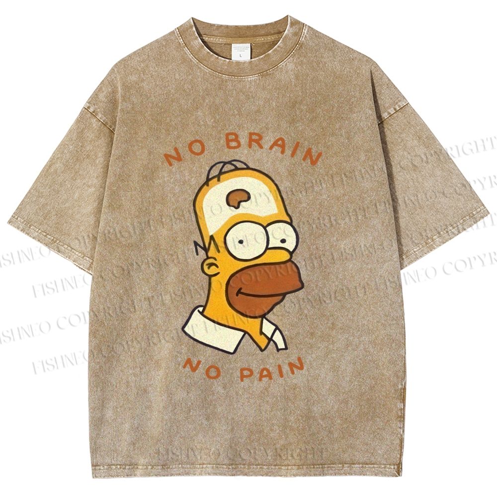 Unisex Silly Simpson No Brain No Pain Printed Washed Tee