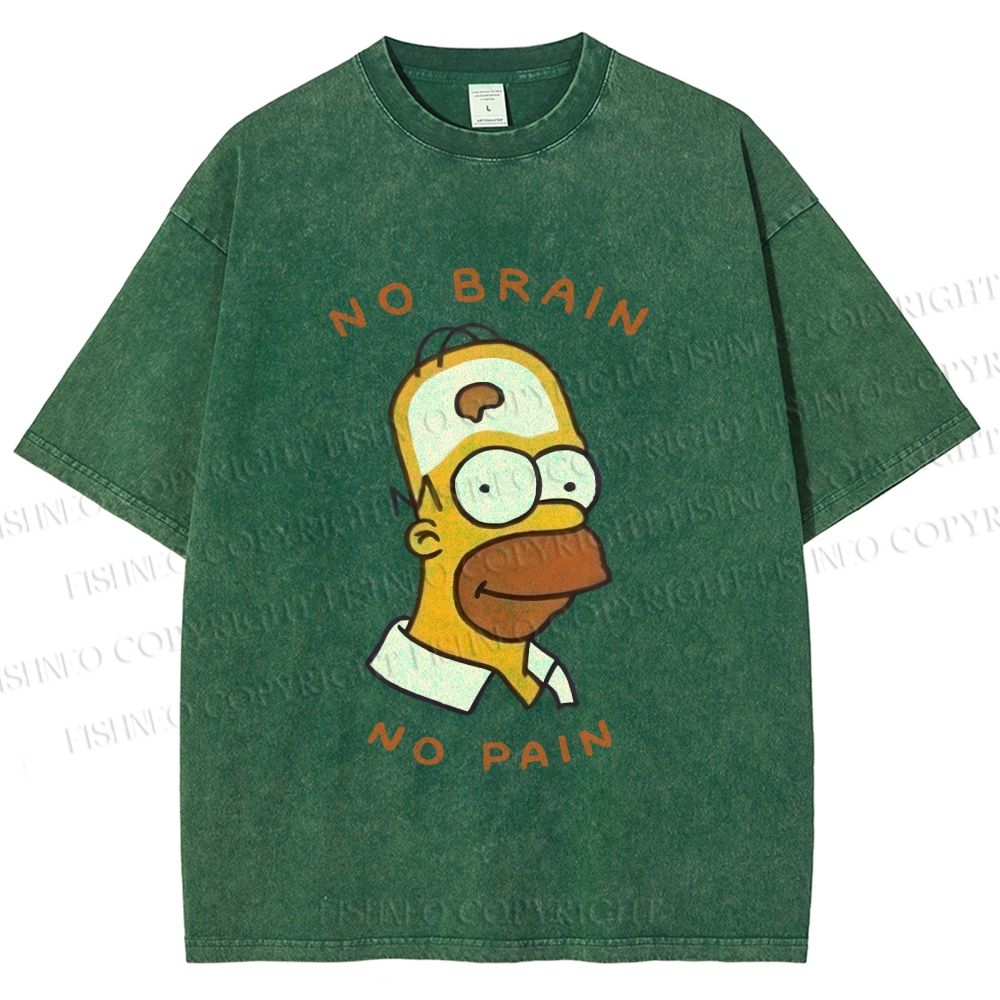 Unisex Silly Simpson No Brain No Pain Printed Washed Tee