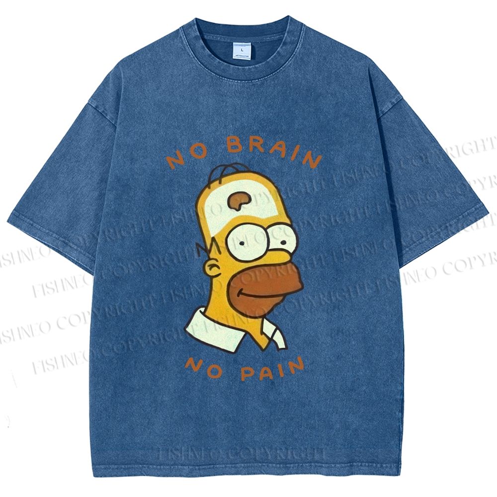 Unisex Silly Simpson No Brain No Pain Printed Washed Tee