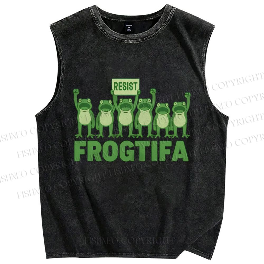 Unisex Resist Frog Printed Washed Tank Top