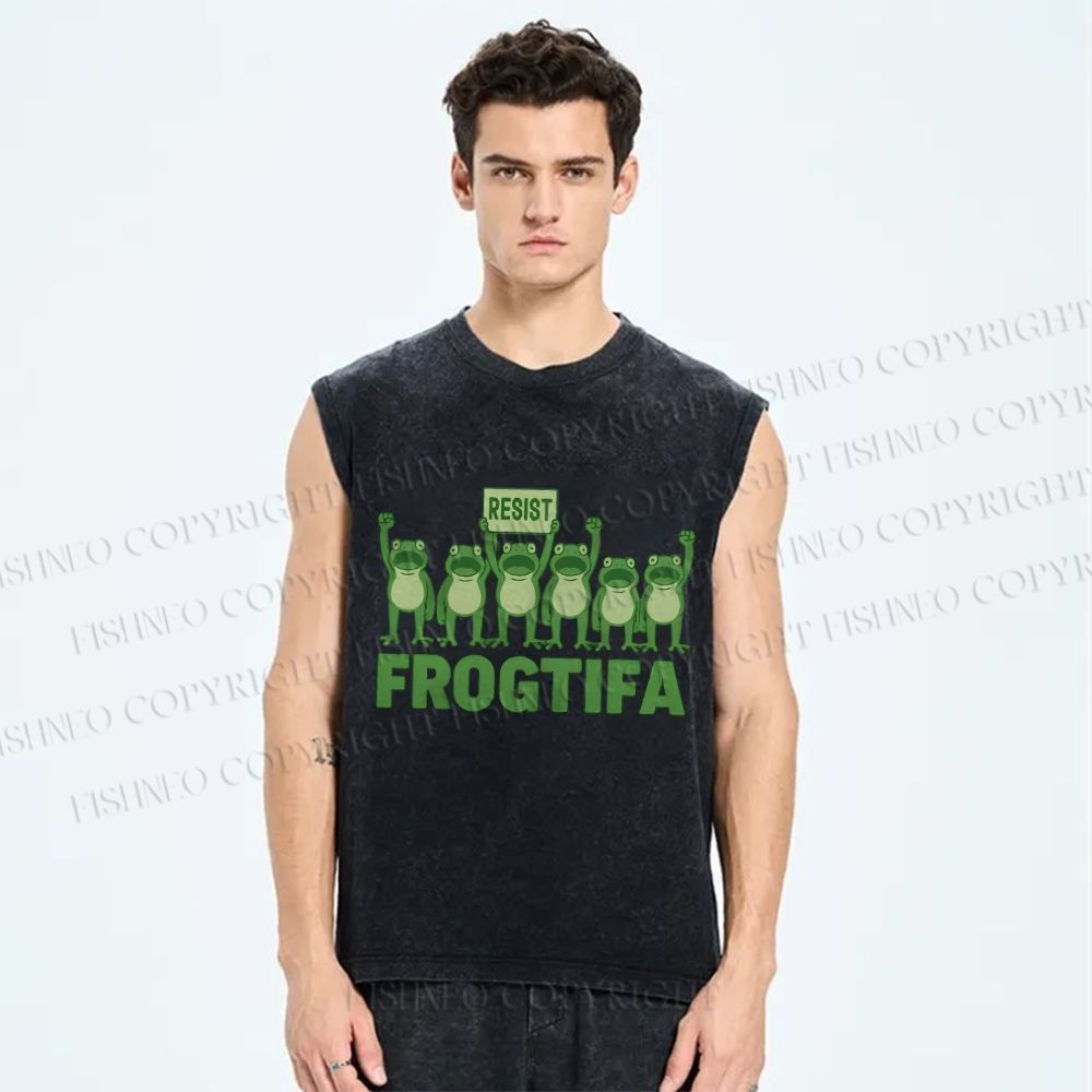 Unisex Resist Frog Printed Washed Tank Top