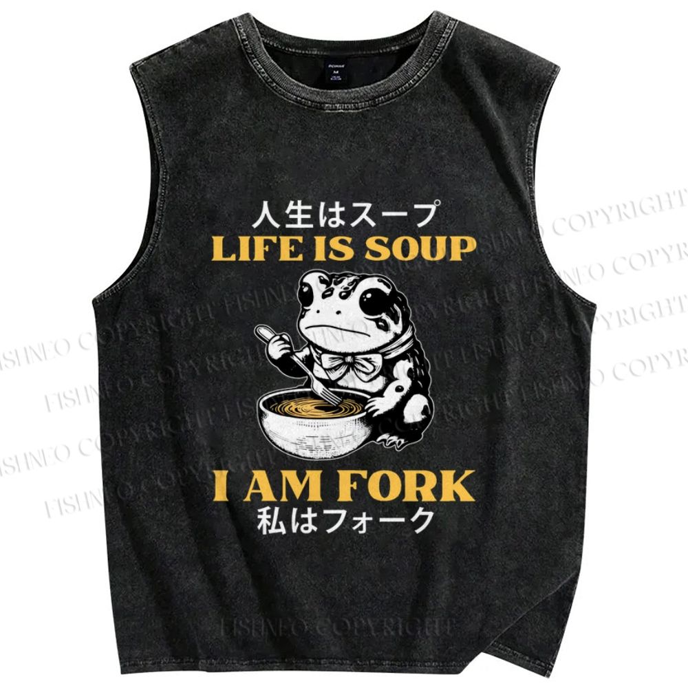 Unisex Life Is Soup I Am Fork Japanese Frog Printed Washed Tank Top