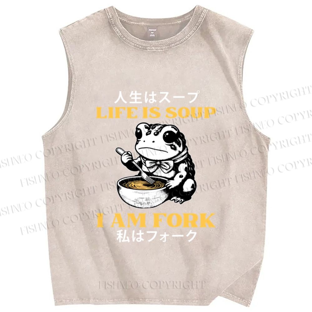 Unisex Life Is Soup I Am Fork Japanese Frog Printed Washed Tank Top