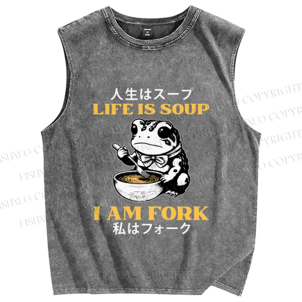 Unisex Life Is Soup I Am Fork Japanese Frog Printed Washed Tank Top