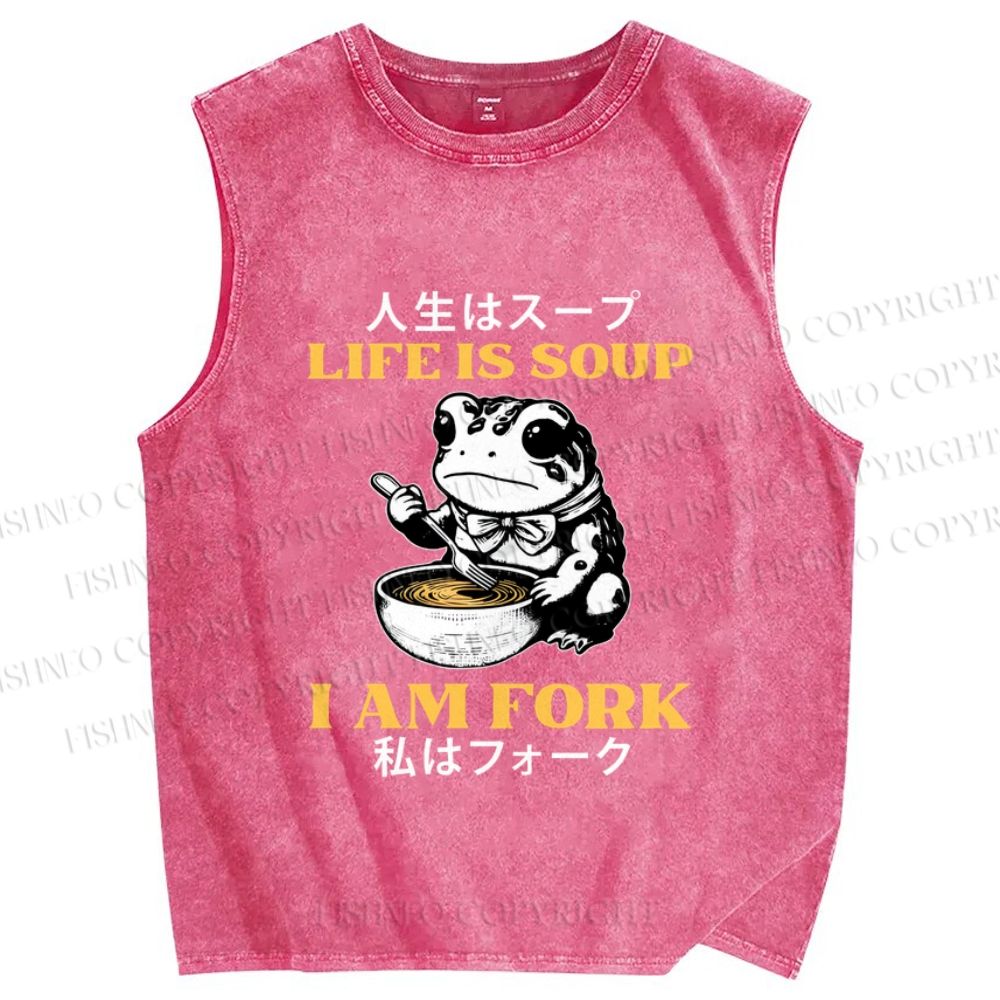 Unisex Life Is Soup I Am Fork Japanese Frog Printed Washed Tank Top