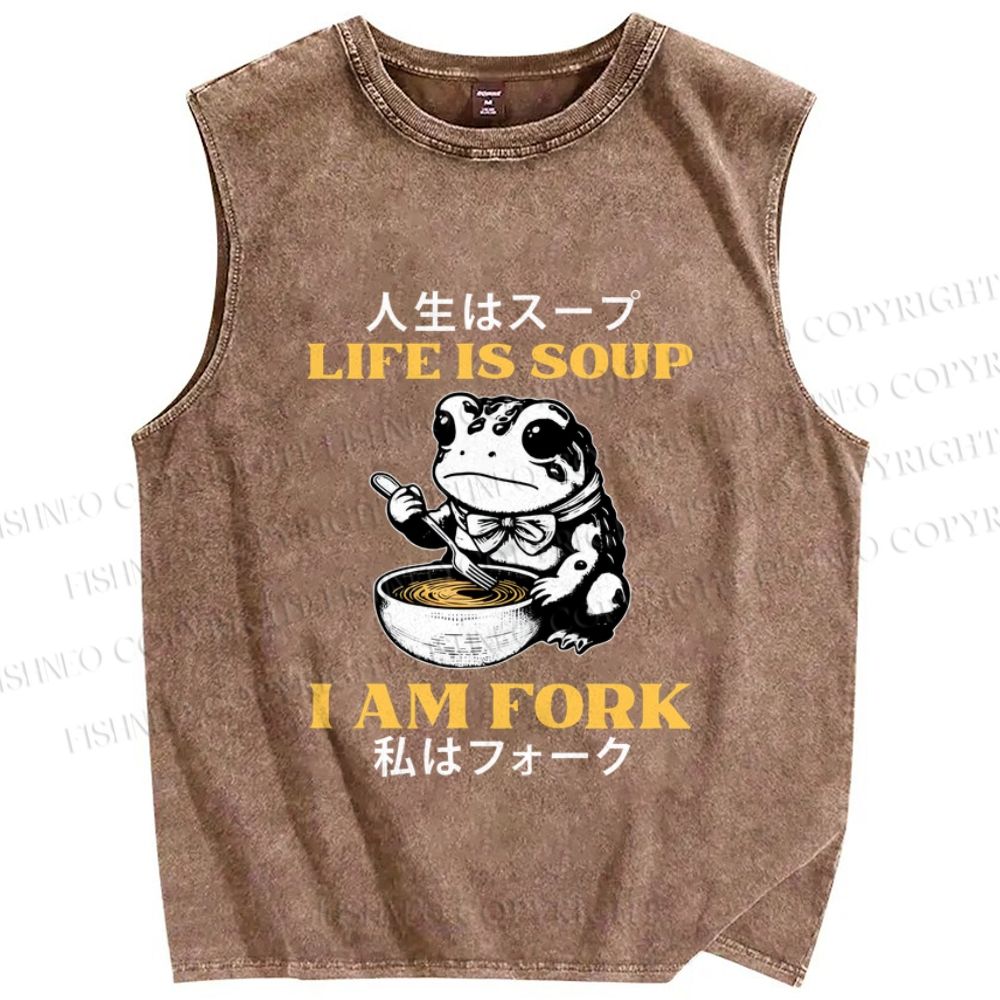 Unisex Life Is Soup I Am Fork Japanese Frog Printed Washed Tank Top