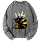 Unisex Black Cat Flying Bee Vintage Washed Sweatshirts