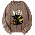Unisex Black Cat Flying Bee Vintage Washed Sweatshirts
