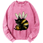 Unisex Black Cat Flying Bee Vintage Washed Sweatshirts
